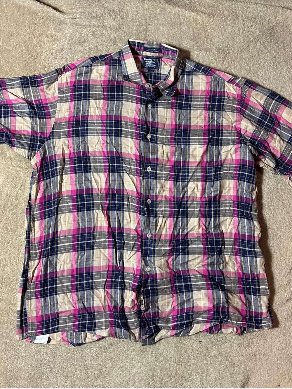 Burberry Pink Navy Cream Plaid Short Sleeve Button-Down Shirt